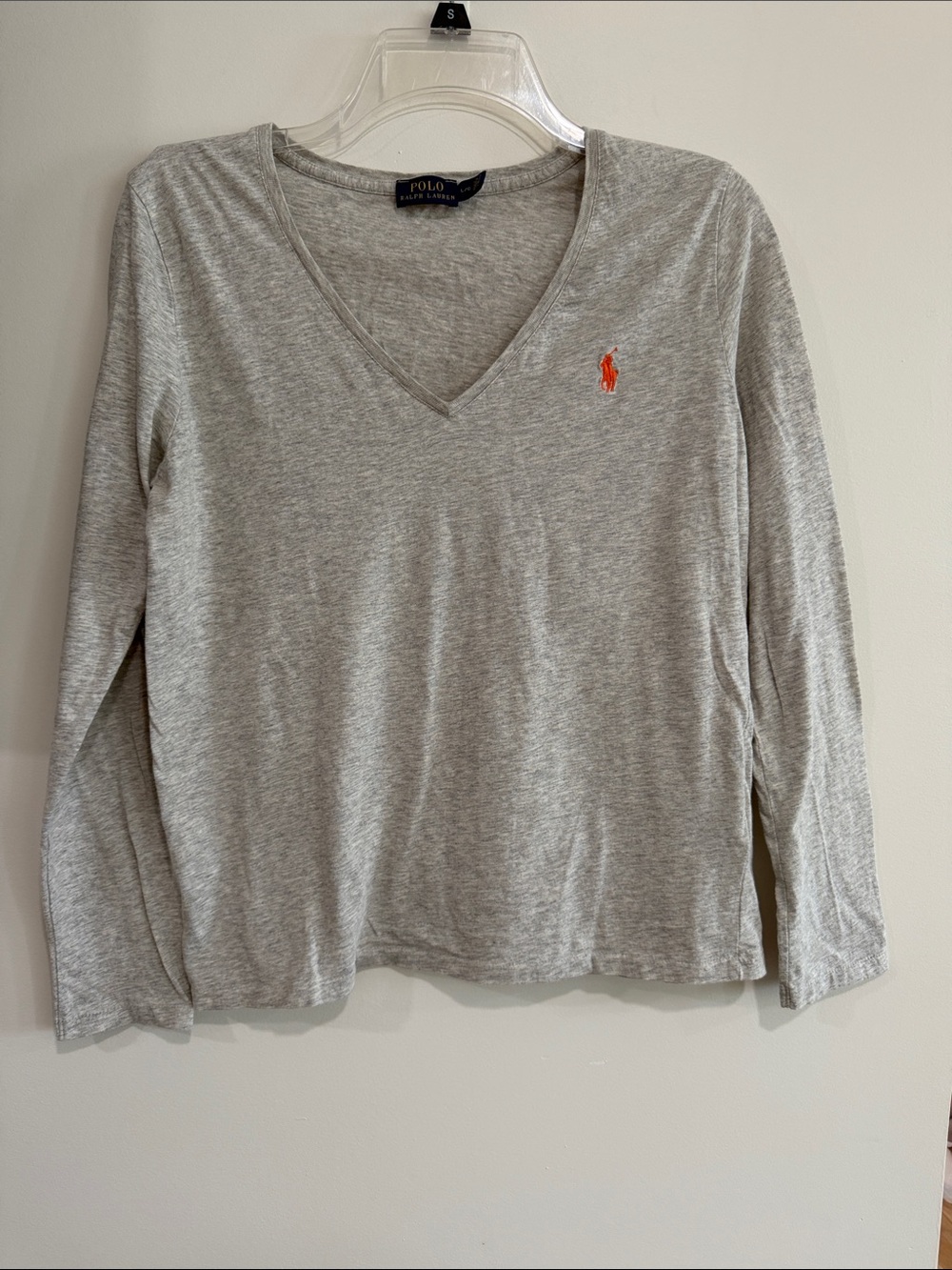 Ralph Lauren Gray Long Sleeve V-Neck Tee with Orange Pony